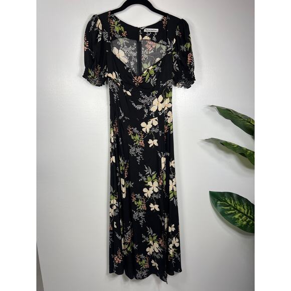 Reformation Luciana Black Floral Midi Dress Side Slit Puff Sleeve Flowy Romantic - Picture 2 of 9